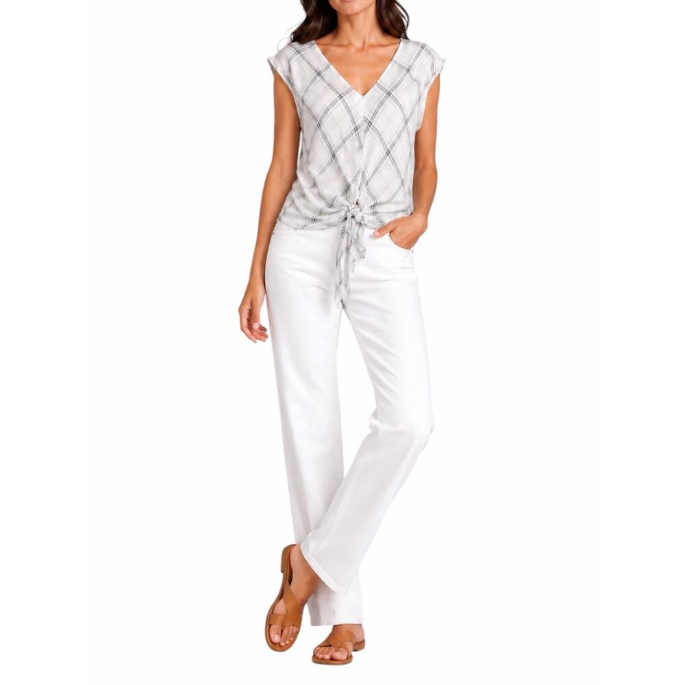 Max Studio Sleeveless Plaid Tie Hem Top V Neck White Blue Size S - Picture 2 of 9